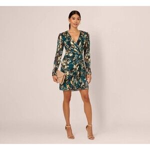 Womens Adrianna Papell Crinkle Foil Wrap Dress In Teal Sapphire Gold Size 10